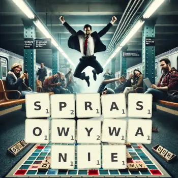 Kreatywna ilustracja do gry w Scrabble ze słowem SPRASOWYWANIE ułożonym z płytek na planszy.