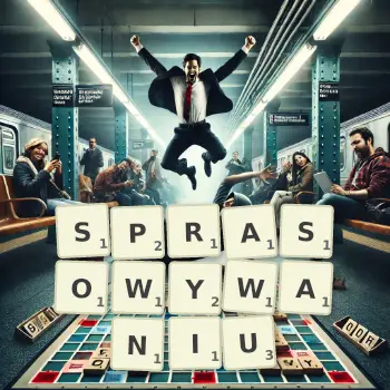 Kreatywna ilustracja do gry w Scrabble ze słowem SPRASOWYWANIU ułożonym z płytek na planszy.