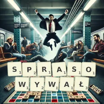 Kreatywna ilustracja do gry w Scrabble ze słowem SPRASOWYWAŁ ułożonym z płytek na planszy.