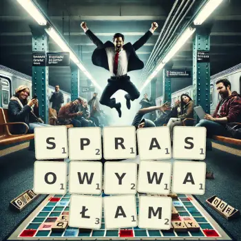 Kreatywna ilustracja do gry w Scrabble ze słowem SPRASOWYWAŁAM ułożonym z płytek na planszy.