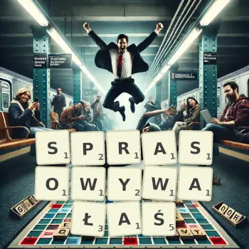 Kreatywna ilustracja do gry w Scrabble ze słowem SPRASOWYWAŁAŚ ułożonym z płytek na planszy.