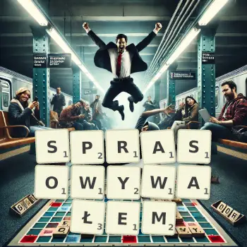 Kreatywna ilustracja do gry w Scrabble ze słowem SPRASOWYWAŁEM ułożonym z płytek na planszy.