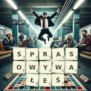 Kreatywna ilustracja do gry w Scrabble ze słowem SPRASOWYWAŁEŚ ułożonym z płytek na planszy.