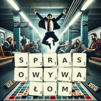 Kreatywna ilustracja do gry w Scrabble ze słowem SPRASOWYWAŁOM ułożonym z płytek na planszy.