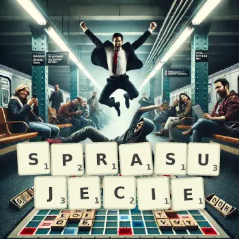 Kreatywna ilustracja do gry w Scrabble ze słowem SPRASUJECIE ułożonym z płytek na planszy.