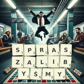 Kreatywna ilustracja do gry w Scrabble ze słowem SPRASZALIBYŚMY ułożonym z płytek na planszy.