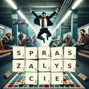 Kreatywna ilustracja do gry w Scrabble ze słowem SPRASZALYSCIE ułożonym z płytek na planszy.