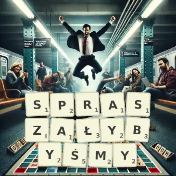 Kreatywna ilustracja do gry w Scrabble ze słowem SPRASZAŁYBYŚMY ułożonym z płytek na planszy.