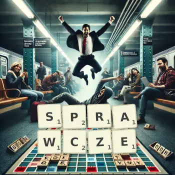 Kreatywna ilustracja do gry w Scrabble ze słowem SPRAWCZE ułożonym z płytek na planszy.