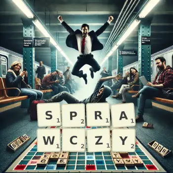 Kreatywna ilustracja do gry w Scrabble ze słowem SPRAWCZY ułożonym z płytek na planszy.