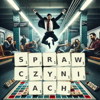 Kreatywna ilustracja do gry w Scrabble ze słowem SPRAWCZYNIACH ułożonym z płytek na planszy.