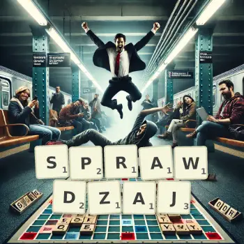 Kreatywna ilustracja do gry w Scrabble ze słowem SPRAWDZAJ ułożonym z płytek na planszy.