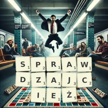 Kreatywna ilustracja do gry w Scrabble ze słowem SPRAWDZAJCIEŻ ułożonym z płytek na planszy.