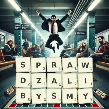 Kreatywna ilustracja do gry w Scrabble ze słowem SPRAWDZALIBYŚMY ułożonym z płytek na planszy.