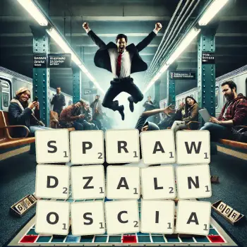 Kreatywna ilustracja do gry w Scrabble ze słowem SPRAWDZALNOSCIA ułożonym z płytek na planszy.