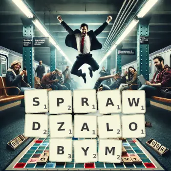 Kreatywna ilustracja do gry w Scrabble ze słowem SPRAWDZALOBYM ułożonym z płytek na planszy.