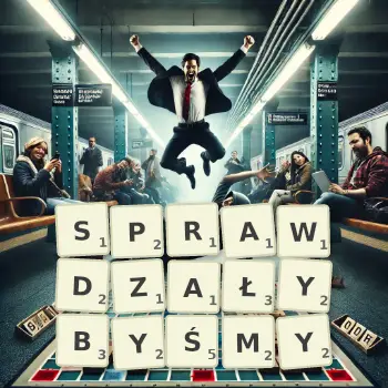 Kreatywna ilustracja do gry w Scrabble ze słowem SPRAWDZAŁYBYŚMY ułożonym z płytek na planszy.