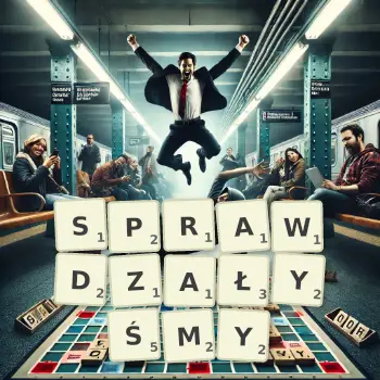 Kreatywna ilustracja do gry w Scrabble ze słowem SPRAWDZAŁYŚMY ułożonym z płytek na planszy.