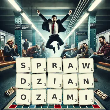 Kreatywna ilustracja do gry w Scrabble ze słowem SPRAWDZIANOZAMI ułożonym z płytek na planszy.