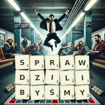 Kreatywna ilustracja do gry w Scrabble ze słowem SPRAWDZILIBYŚMY ułożonym z płytek na planszy.