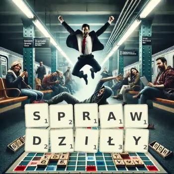 Kreatywna ilustracja do gry w Scrabble ze słowem SPRAWDZIŁY ułożonym z płytek na planszy.