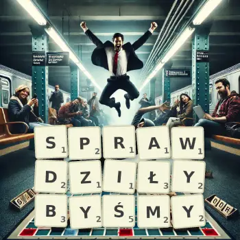 Kreatywna ilustracja do gry w Scrabble ze słowem SPRAWDZIŁYBYŚMY ułożonym z płytek na planszy.