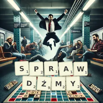 Kreatywna ilustracja do gry w Scrabble ze słowem SPRAWDŹMY ułożonym z płytek na planszy.