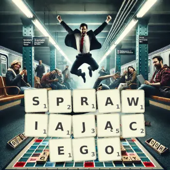 Kreatywna ilustracja do gry w Scrabble ze słowem SPRAWIAJĄCEGO ułożonym z płytek na planszy.