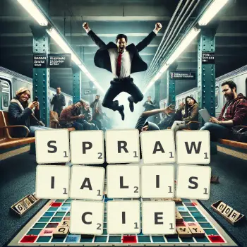 Kreatywna ilustracja do gry w Scrabble ze słowem SPRAWIALISCIE ułożonym z płytek na planszy.