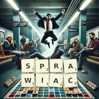 Kreatywna ilustracja do gry w Scrabble ze słowem SPRAWIAĆ ułożonym z płytek na planszy.