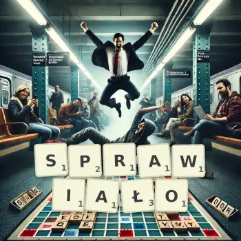 Kreatywna ilustracja do gry w Scrabble ze słowem SPRAWIAŁO ułożonym z płytek na planszy.