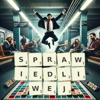 Kreatywna ilustracja do gry w Scrabble ze słowem SPRAWIEDLIWEJ ułożonym z płytek na planszy.