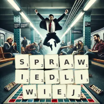 Kreatywna ilustracja do gry w Scrabble ze słowem SPRAWIEDLIWIEJ ułożonym z płytek na planszy.