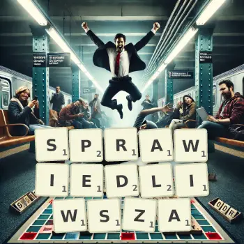 Kreatywna ilustracja do gry w Scrabble ze słowem SPRAWIEDLIWSZA ułożonym z płytek na planszy.