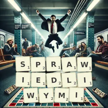 Kreatywna ilustracja do gry w Scrabble ze słowem SPRAWIEDLIWYMI ułożonym z płytek na planszy.