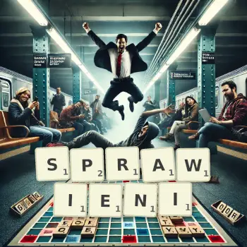 Kreatywna ilustracja do gry w Scrabble ze słowem SPRAWIENI ułożonym z płytek na planszy.