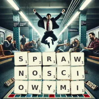 Kreatywna ilustracja do gry w Scrabble ze słowem SPRAWNOSCIOWYMI ułożonym z płytek na planszy.