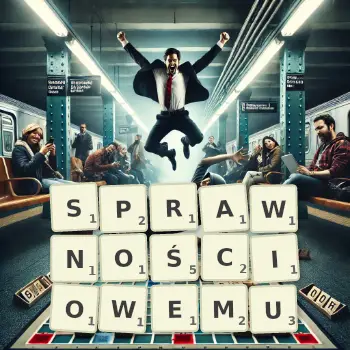 Kreatywna ilustracja do gry w Scrabble ze słowem SPRAWNOŚCIOWEMU ułożonym z płytek na planszy.