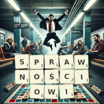 Kreatywna ilustracja do gry w Scrabble ze słowem SPRAWNOŚCIOWI ułożonym z płytek na planszy.