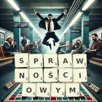 Kreatywna ilustracja do gry w Scrabble ze słowem SPRAWNOŚCIOWYM ułożonym z płytek na planszy.