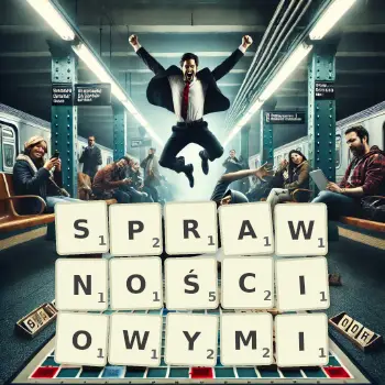Kreatywna ilustracja do gry w Scrabble ze słowem SPRAWNOŚCIOWYMI ułożonym z płytek na planszy.