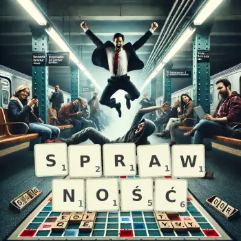 Kreatywna ilustracja do gry w Scrabble ze słowem SPRAWNOŚĆ ułożonym z płytek na planszy.