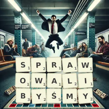 Kreatywna ilustracja do gry w Scrabble ze słowem SPRAWOWALIBYŚMY ułożonym z płytek na planszy.