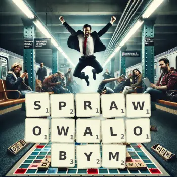 Kreatywna ilustracja do gry w Scrabble ze słowem SPRAWOWALOBYM ułożonym z płytek na planszy.