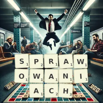 Kreatywna ilustracja do gry w Scrabble ze słowem SPRAWOWANIACH ułożonym z płytek na planszy.