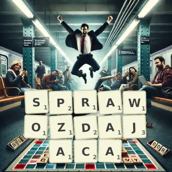 Kreatywna ilustracja do gry w Scrabble ze słowem SPRAWOZDAJACA ułożonym z płytek na planszy.