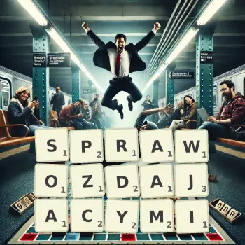 Kreatywna ilustracja do gry w Scrabble ze słowem SPRAWOZDAJACYMI ułożonym z płytek na planszy.