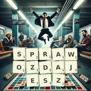 Kreatywna ilustracja do gry w Scrabble ze słowem SPRAWOZDAJESZ ułożonym z płytek na planszy.