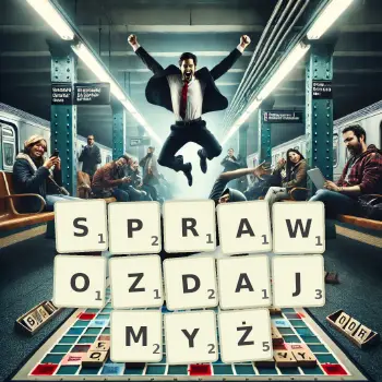 Kreatywna ilustracja do gry w Scrabble ze słowem SPRAWOZDAJMYŻ ułożonym z płytek na planszy.