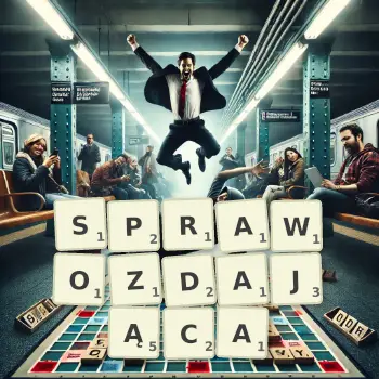 Kreatywna ilustracja do gry w Scrabble ze słowem SPRAWOZDAJĄCA ułożonym z płytek na planszy.